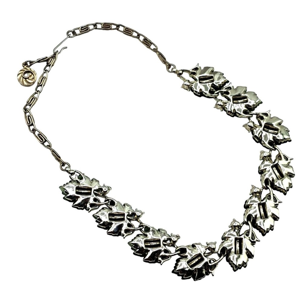 Vintage Lisner Rhinestone Lucite Necklace Green Molded Leaves Jewelry - Picture 7 of 9